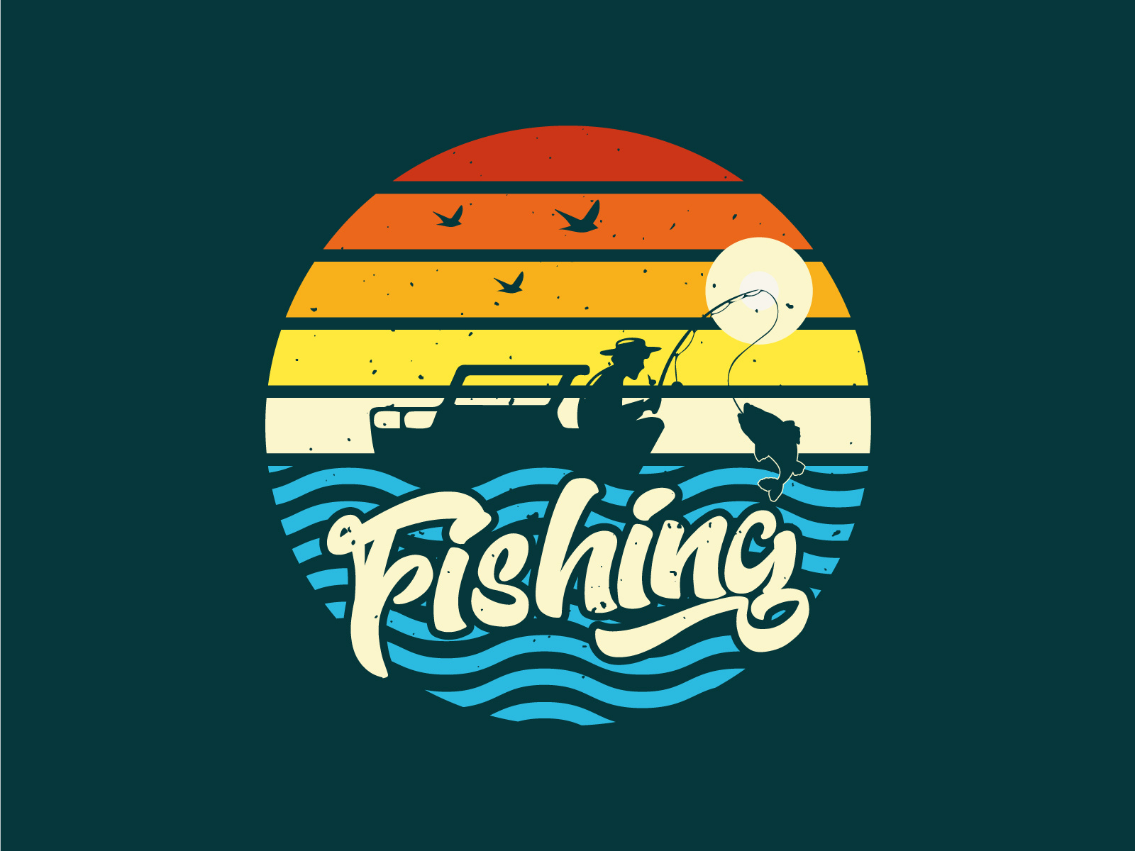 Vintage Fishing T-Shirt Design | Outdoor Adventure T-Shirt Art boat design fishing fishing t shirt graphic design illustration outdoor adventure print retro retro t shirt design shirt design summer apparel art summer shirt design sunset t shirt t shirt design t shirt dessigner typography vintage waves