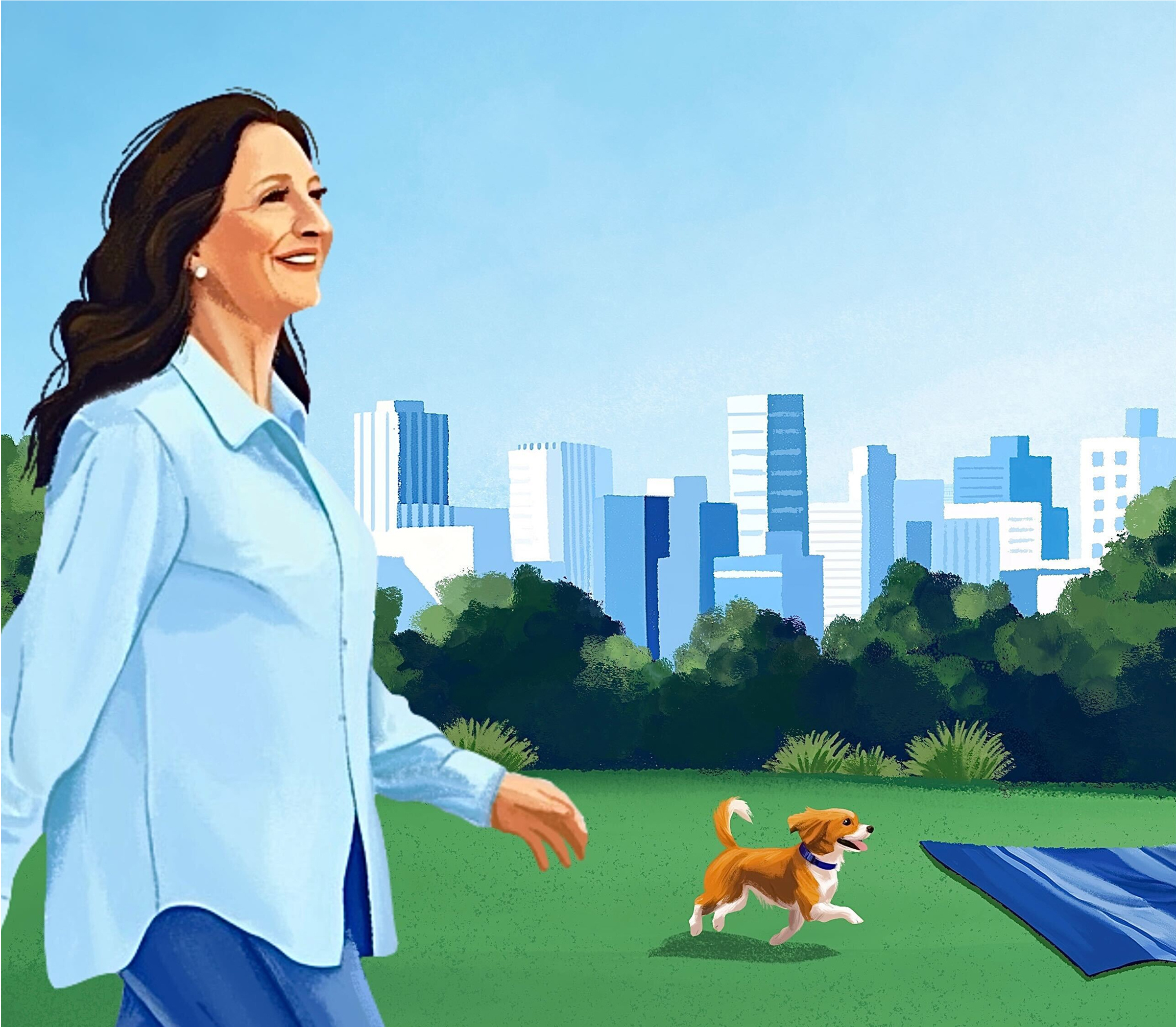 Happy Woman adcampaign advertising art branding city conceptart digital art dog happy illustration illustrator painting park portrait procreate profile picture skyline smile town woman