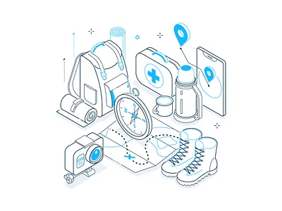 Go Hiking backpack boots camera compass design first aid graphic design hike hiking illustration kit line map navigator tourism vector