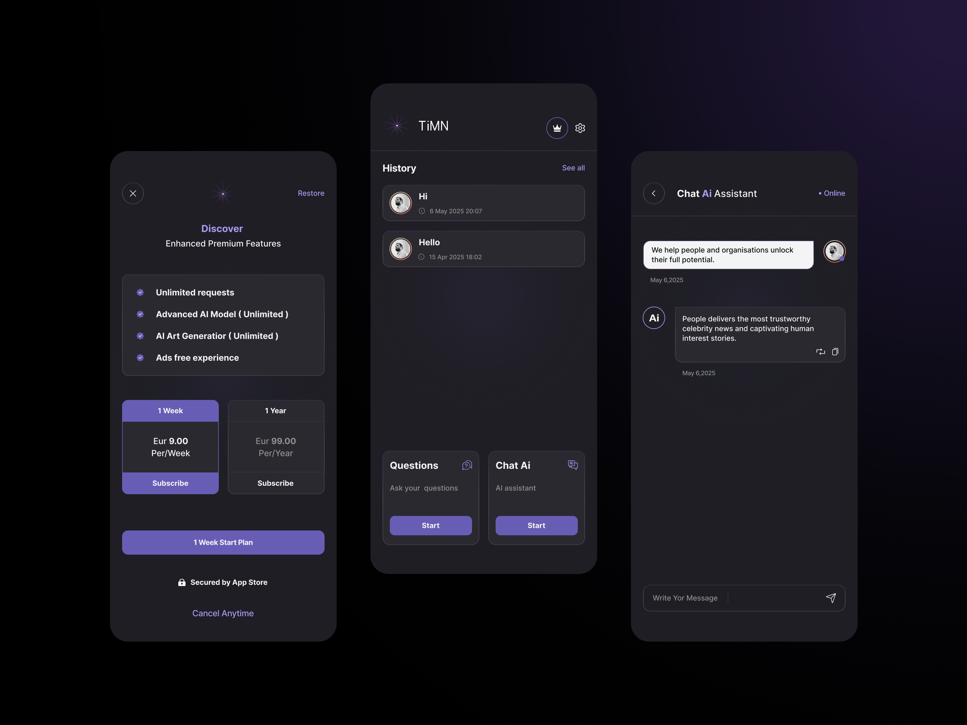 Ai Chat Bot - Mobile App ai ai chat app aichat app application design chat ai chat app chatbot chatgpt clean darkui design mobile mobile app mobile design subsciption subscribe ui ux