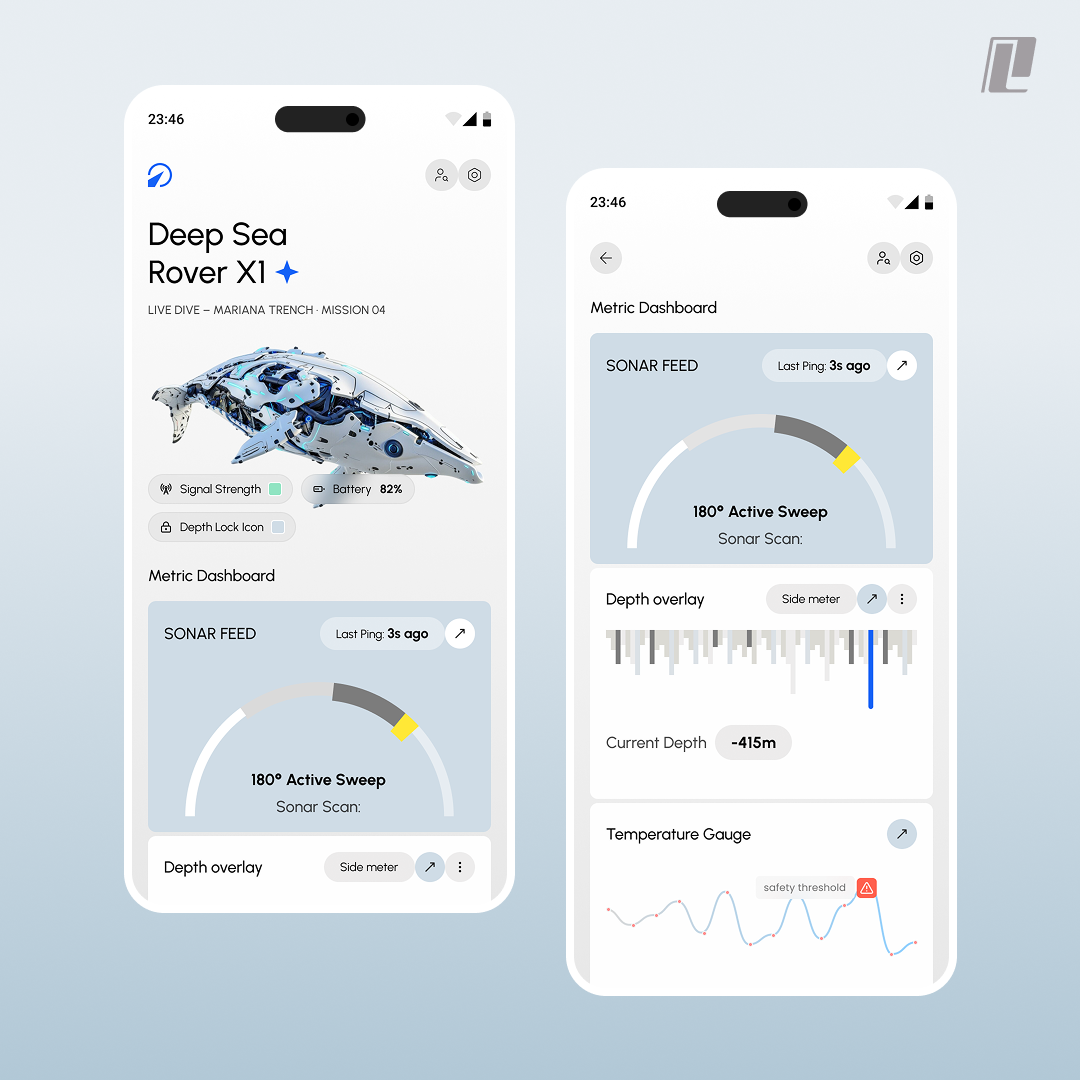 🌊 Deep Sea Rover X1 – Submersible Monitoring App 3d animation branding design framer graphic design illustration logo ui vector