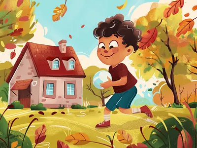 Autumn Quest art autumn fun book children illustration book illustration boy with ball character child children illustration design falling leaves graphic home illustration playing in the yard