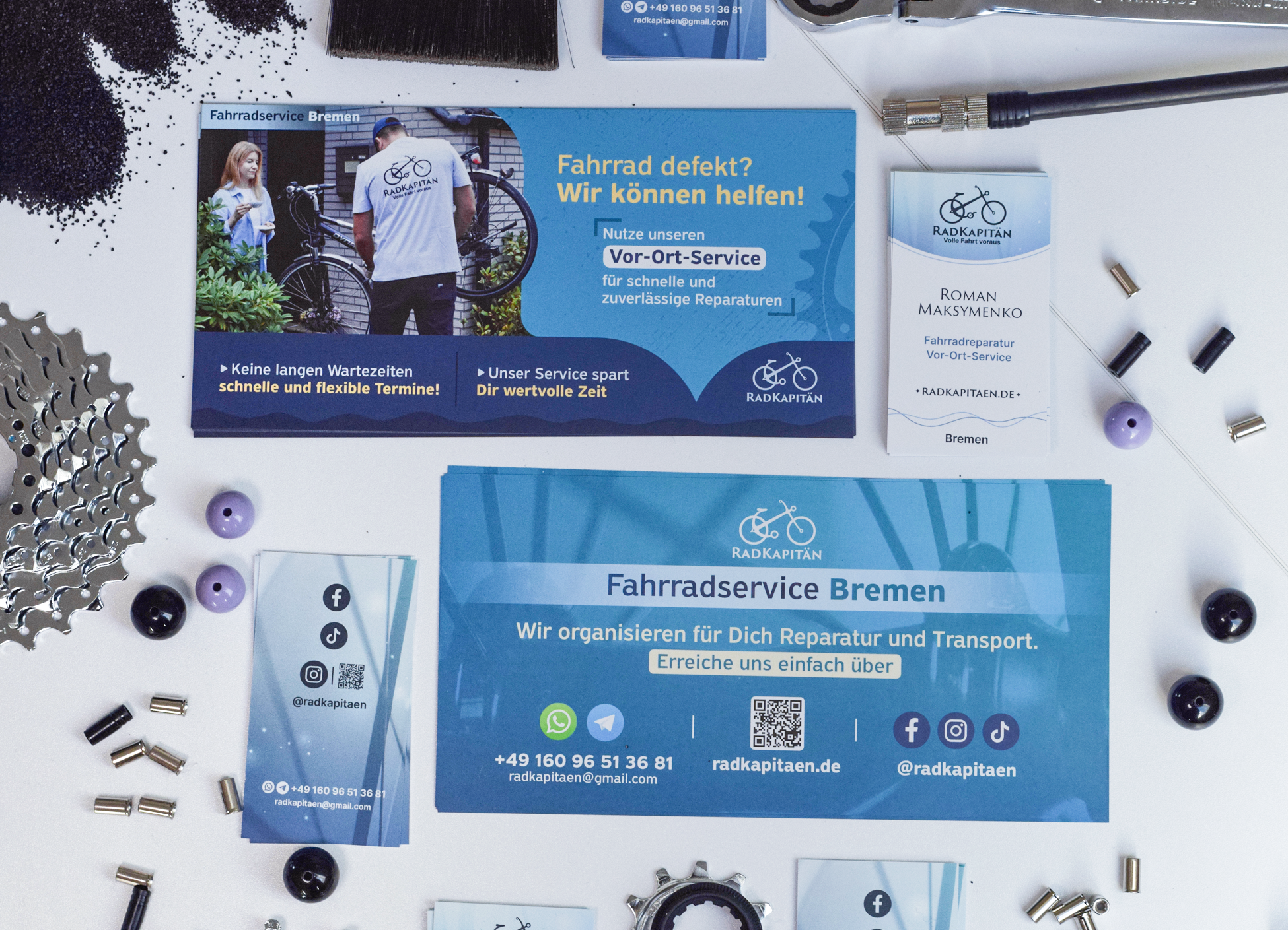 Design of flyer and business card layouts for a bicycle service assets bicycle branding business card collateral creative custom flyer graphic design marketing materials mobility print promotional repair service services sustainable visual