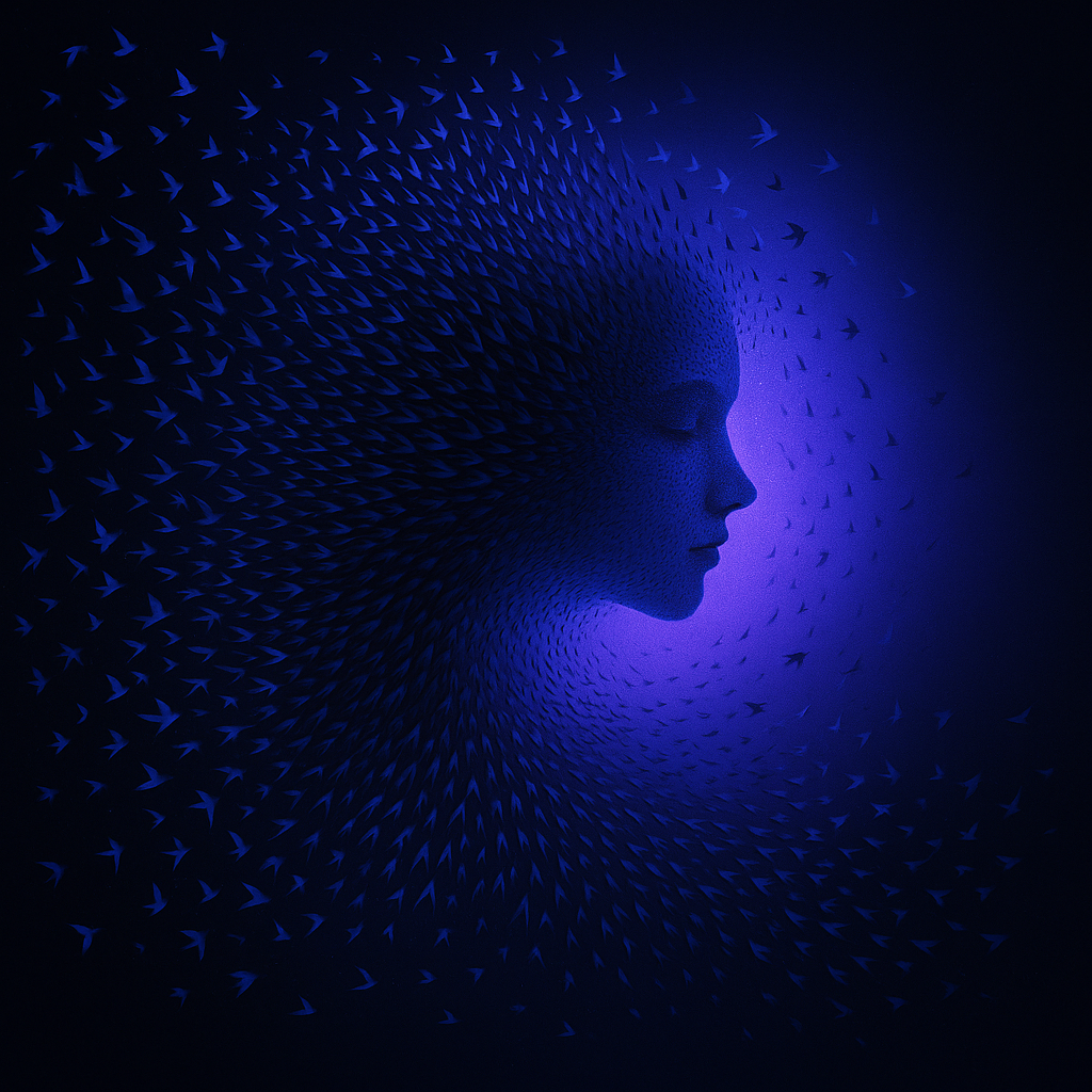 A silhouette of a woman's face with birds flying out of it abstract ai branding cinematic cosmic design dribbble dynamic futuristic geometric glowing graphic design illustration minimalistic neon surreal typography ui vector vibrant