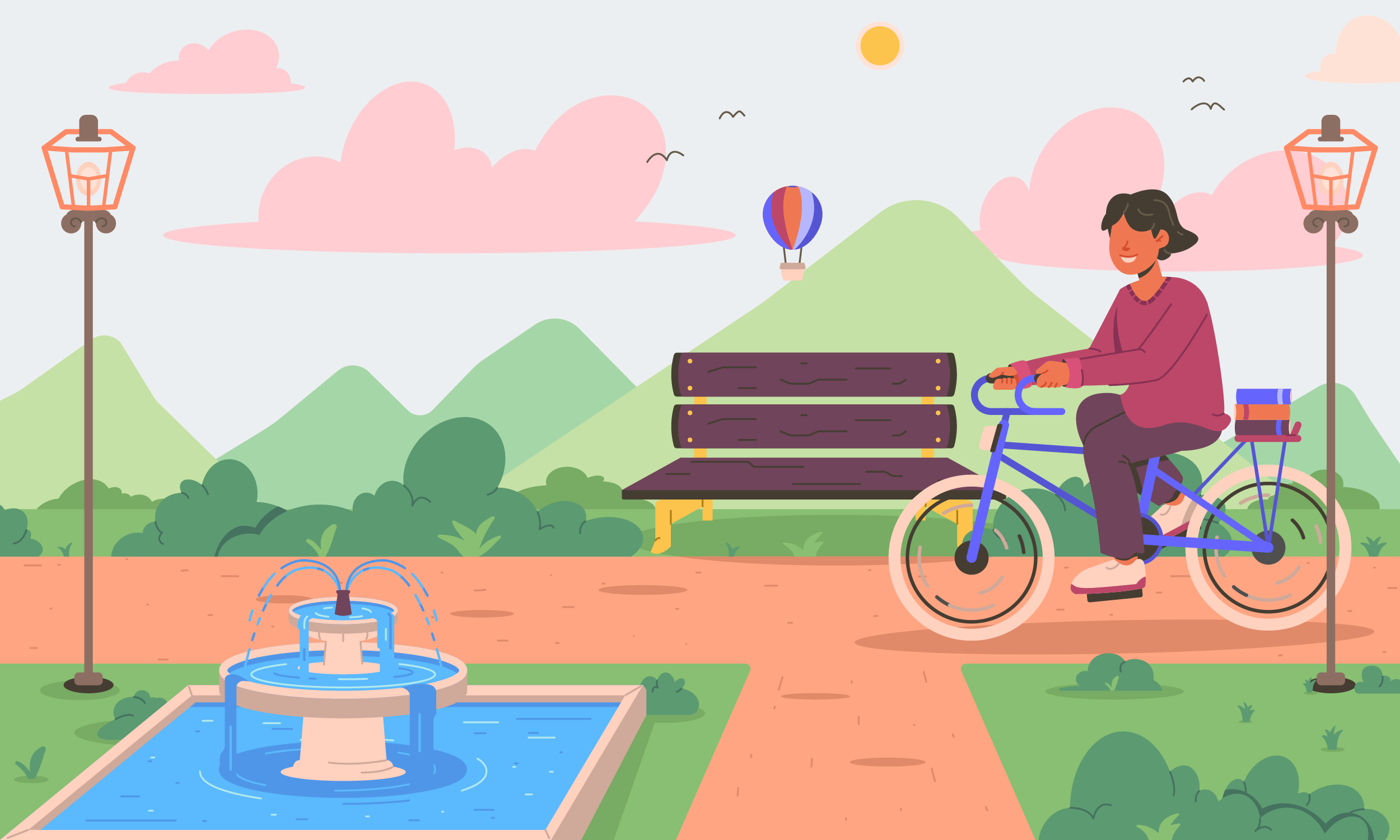 A Quiet Day in the Countryside art art direction clean ui cycling design digital art flat illustration illustration landing minimal park scene ui uiux vector website