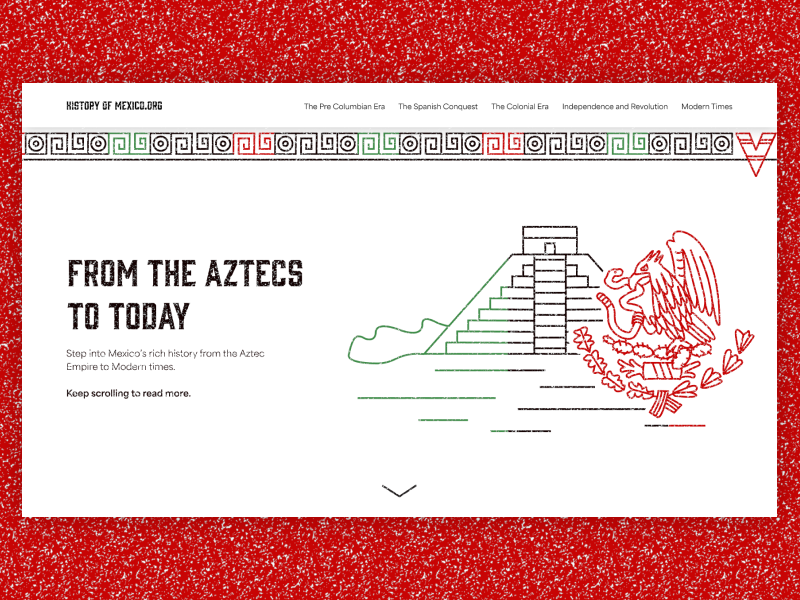 History of Mexico Landing Page aztec green homepage illustration landing page landing page design line art mexico minimalism minimalist red texture typography ui ui design user interface visual design web design website website design