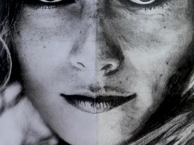 Half Printed, Half Drawn – Mixed Media conceptart digitalvsanalog graphitedrawing mixedmedia portraitstudy