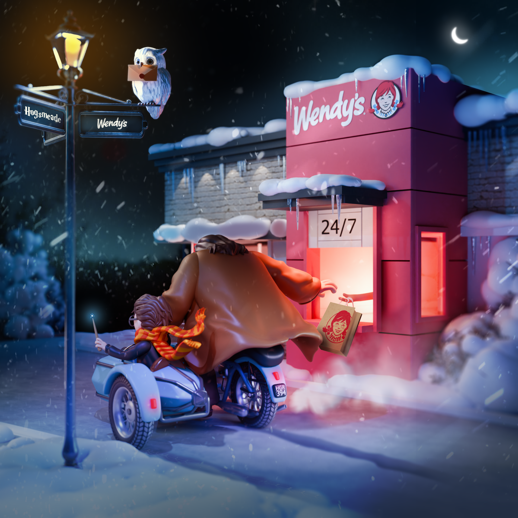 Harry Potter and the Wendy's Drive 3 art 3d 3d artist 3dart adobe adobe photoshop aesthetic art blender cartoon graphic design hagrid harry potter hedwig illustration modelling photoshop render stylized wendys
