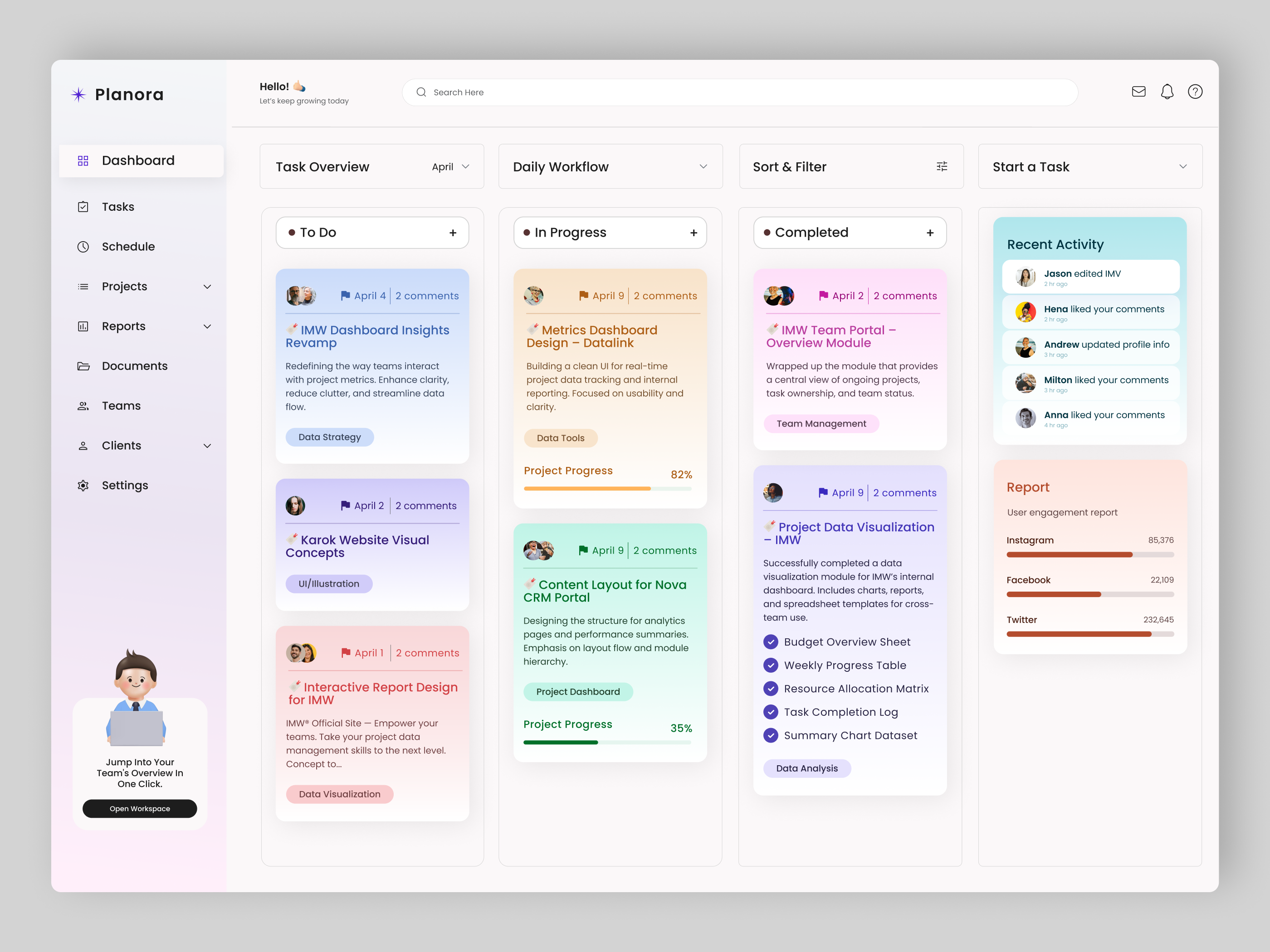 Planora – Minimal Task Management Dashboard UI analytics dashboard clean ui dashboard data visualization dribbble trending gradient modern modern dashboard productivity app project tracker reporting dashboard saas dashboard task management task management ui team collaboration ui user interface web design website design workflow dashboard