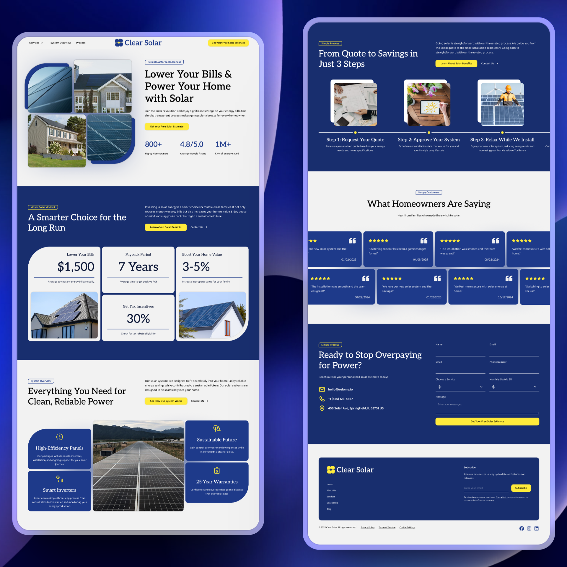 Clear Solar ☁️ Website Design | Residential Solar landing page modern relume solar solar company website solar energy website solar landing page solar leads solar website solar website design solar website template web design webflow website website design website development