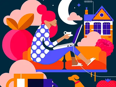 Illustration "Moonlit Workspace" art art design artwork clouds colorful colorful design creative creative aer fruits house illustration inspiration inspire laptop moon moonlight moonlit vibrance vibrant working space