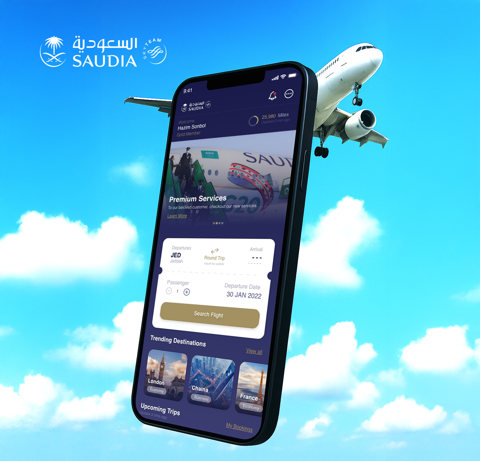 Saudia Airlines Home Screen airlinesui arabicux aviationapp customerexperience darkmodeui designsystem figmadesign flightbookingapp mobileappdesign mobileux modernui responsivedesign saudiaairlines travelapp uidesign userexperience userinterface uxdesign uxresearch wireframetoui