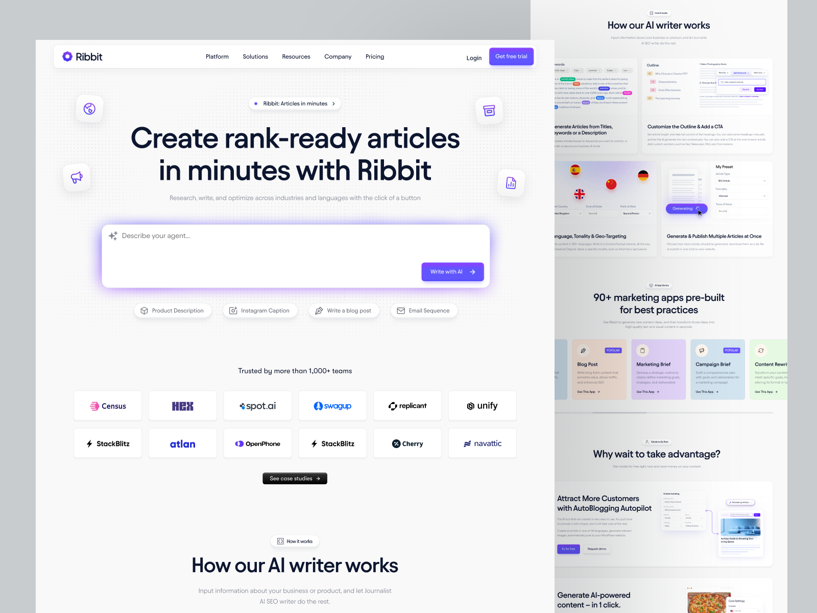 Ribbit – AI Content Generation Platform (Concept Design) ai aiplatform aiwriter cleanui conceptdesign content content writer contentgeneration designexploration landing page landingpagedesign makreting marketingtools productdesign responsivedesign saasdesign seocontent uidesign uxdesign webdesign