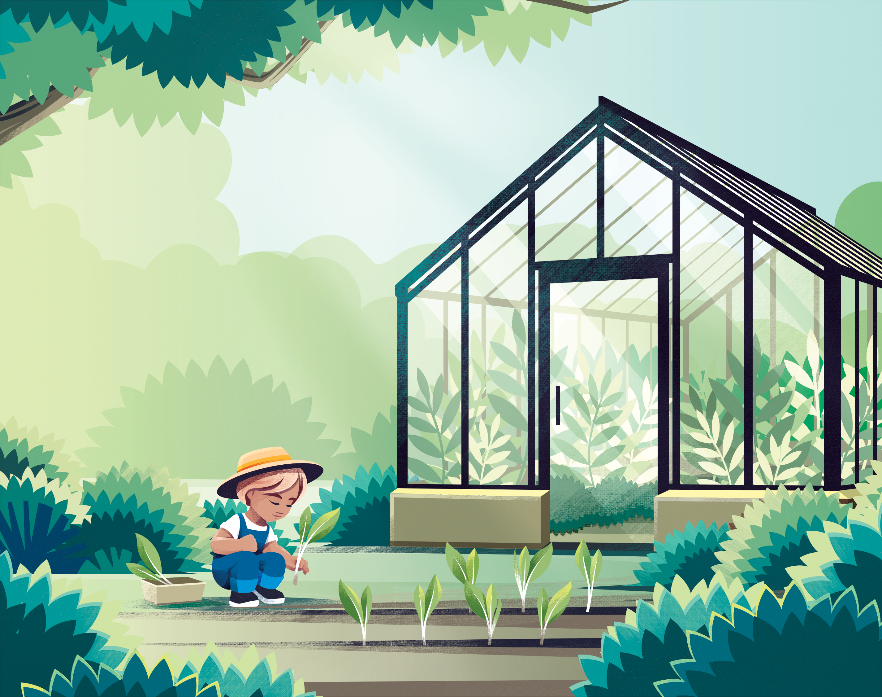 Little gardener book character child colorful garden girl green greenhouse illustration kid nature plant texture tree vector