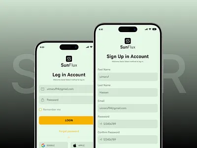 SunFlux - Login, Sign Up and Forget Password app create an account crm design energy energy app input field login mobile app renewable saas signin signup solar solar energy solar power splash screen ui ui design ux