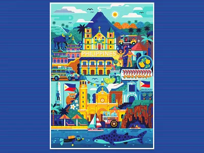 Philippines Travel Poster asia asian attractions flat design holidays illustration landmarks manila monuments philippines places poster print symbols tourist travel vacation vector