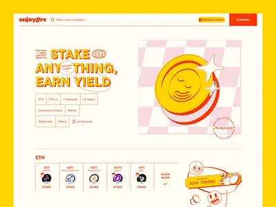 Enjoyoors: App bitcoin blockchain crypto cryptocurrency dapp defi ethereum finance illustration landing page retro cartoon rubber hose token ui ux web3 website website design