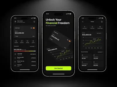 Digital Banking Mobile App analytics bank banking app banking app dark mode banking mobile app clean dark design digital banking digital banking app design finance mobile app design mobile banking payment app ui uiux vector wallet