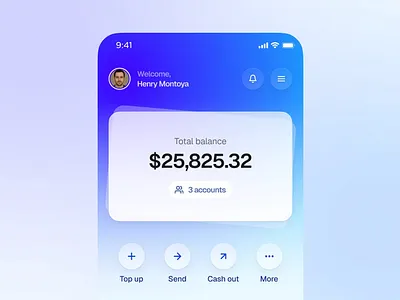 Banking homepage account actions bank blue card color deposit finance fintech glass gradient interaction pop purple send translucent ui ux withdraw