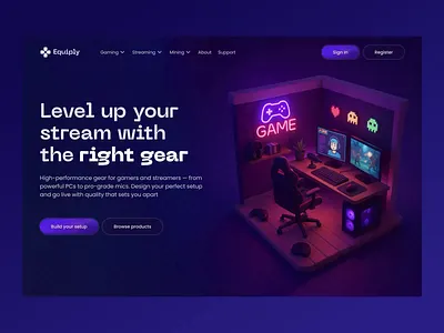 Equiply - Streaming Gear for Gamers Webpage dark mode ui ecommerce design gaming ui landing page design modern ui motion neon ui product page streaming gear ui design ux design web design