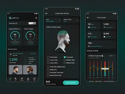 MOTIV – Smart App for Barbers app barber beauty body booking customers dark theme design hair cut haircut iot device massage mobile parler salon schedule skin care spa service ui ux