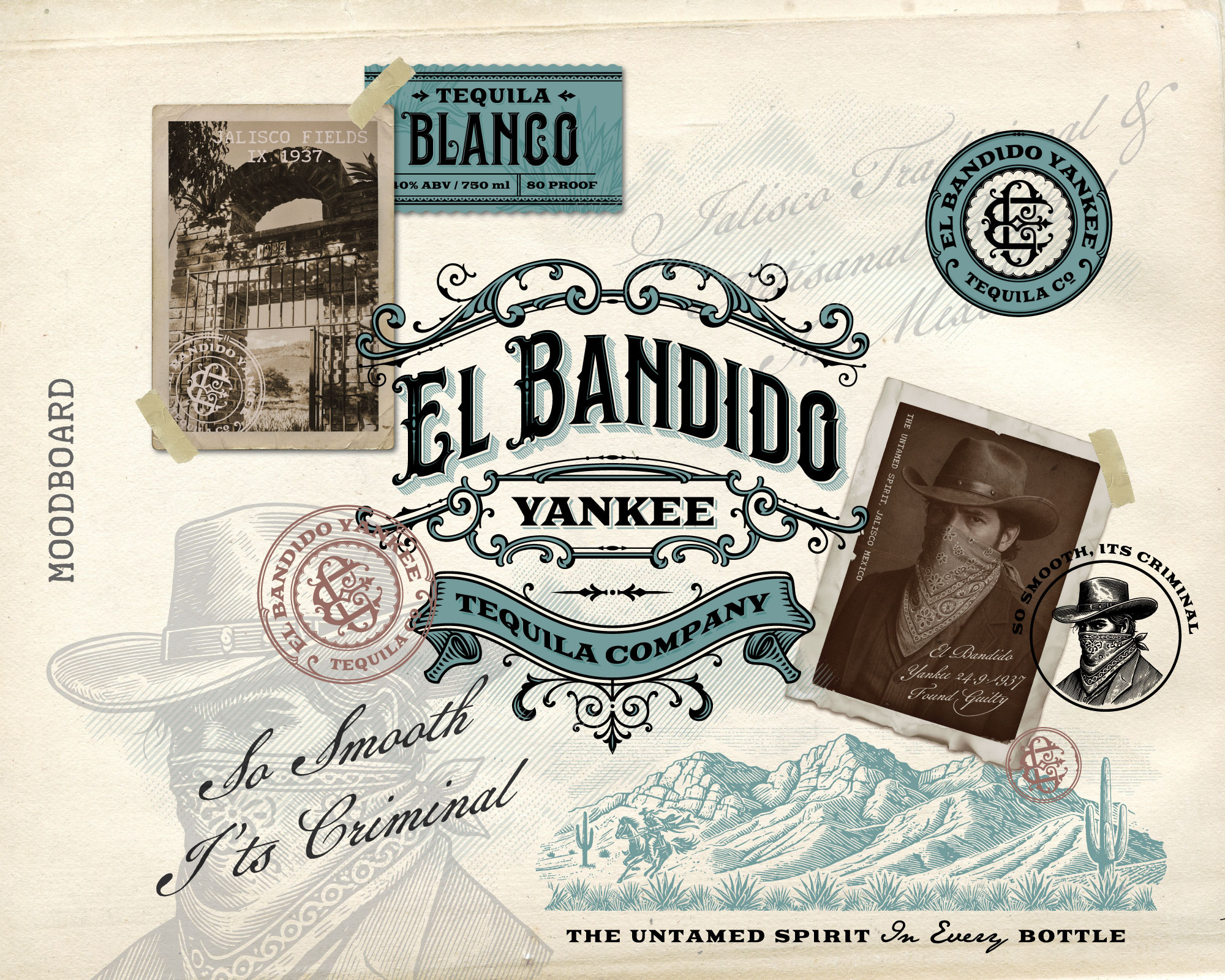 El Bandido branding brand identity branding cowboy engraving etching graphic design illustration logo logo design mezcal moodboard outdoor outdoor design outlaw tequila vintage vintage logo western