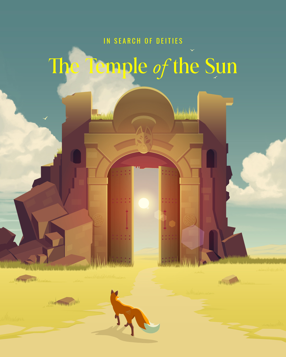 The Temple of the Sun – Storytelling Illustration artprint atmosphericillustration collectibleart conceptualillustration editorialillustration fantasyart fineartprint folklore fox foxart foxillustration handembossed illustration limitededition mythology narrativeart printdesign spiritualart storytelling templeart