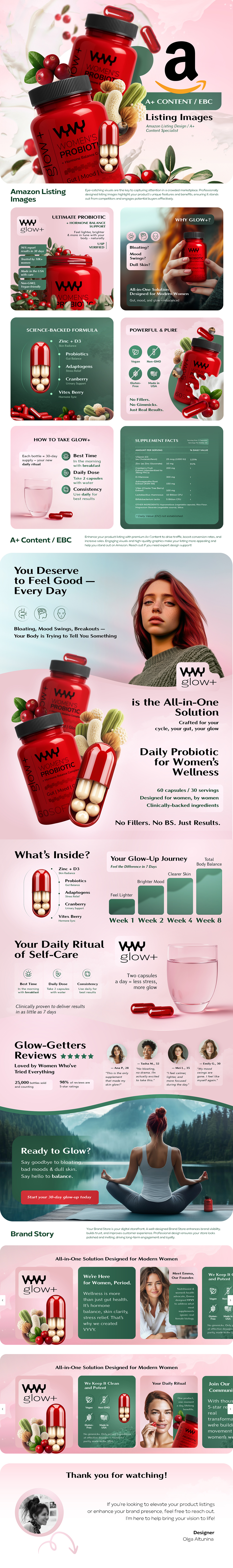 Amazon Design for VYVY, a Premium Women's Probiotic Supplement a content amazon amazon a amazon design amazon designer amazon ebc amazon listing amazon listing images amazon product design brand story brand story design listing design logo design packaging design pink probiotic probiotics red supplement supplements