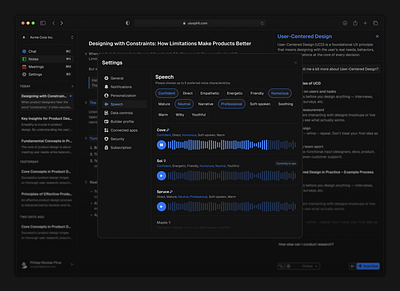 Speech settings dark mode ai audio chat dark dashboard music theme ui white