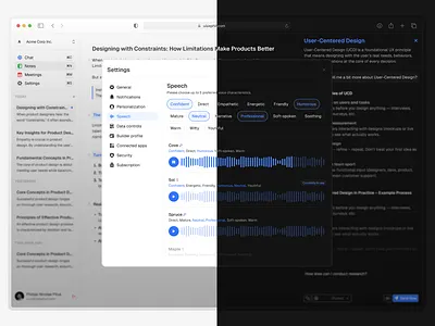 White mode | Dark mode Speech Settings ai audio chat chat gpt dark dashboard design graphic design modal music settings ui white