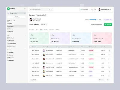 Cliensy - Project Time Dashboard UI Design clientmanagement management projectdashboard projectmanagement taskmanagement timesheet uidesign