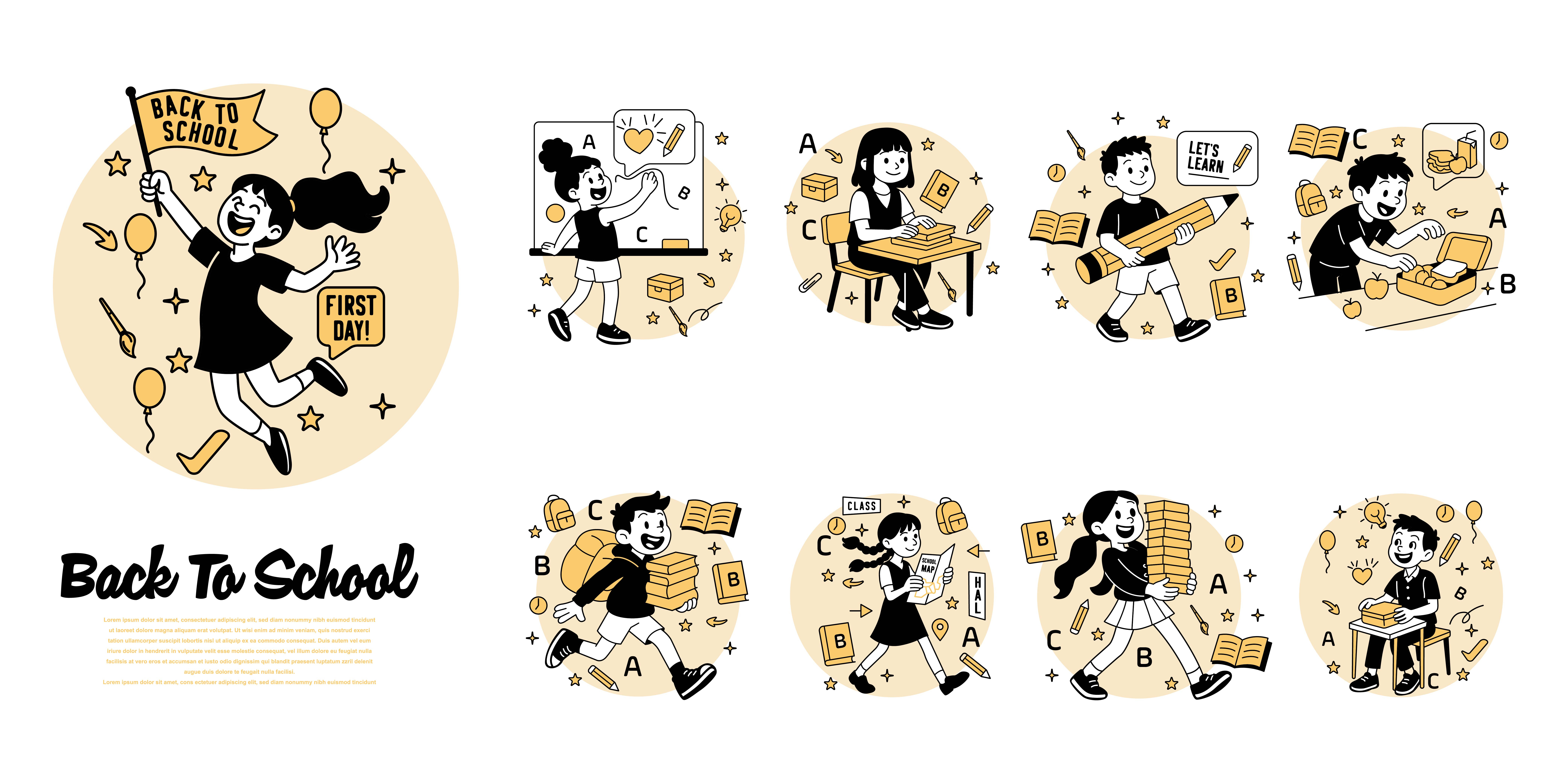 Set of cartoon kids back to school