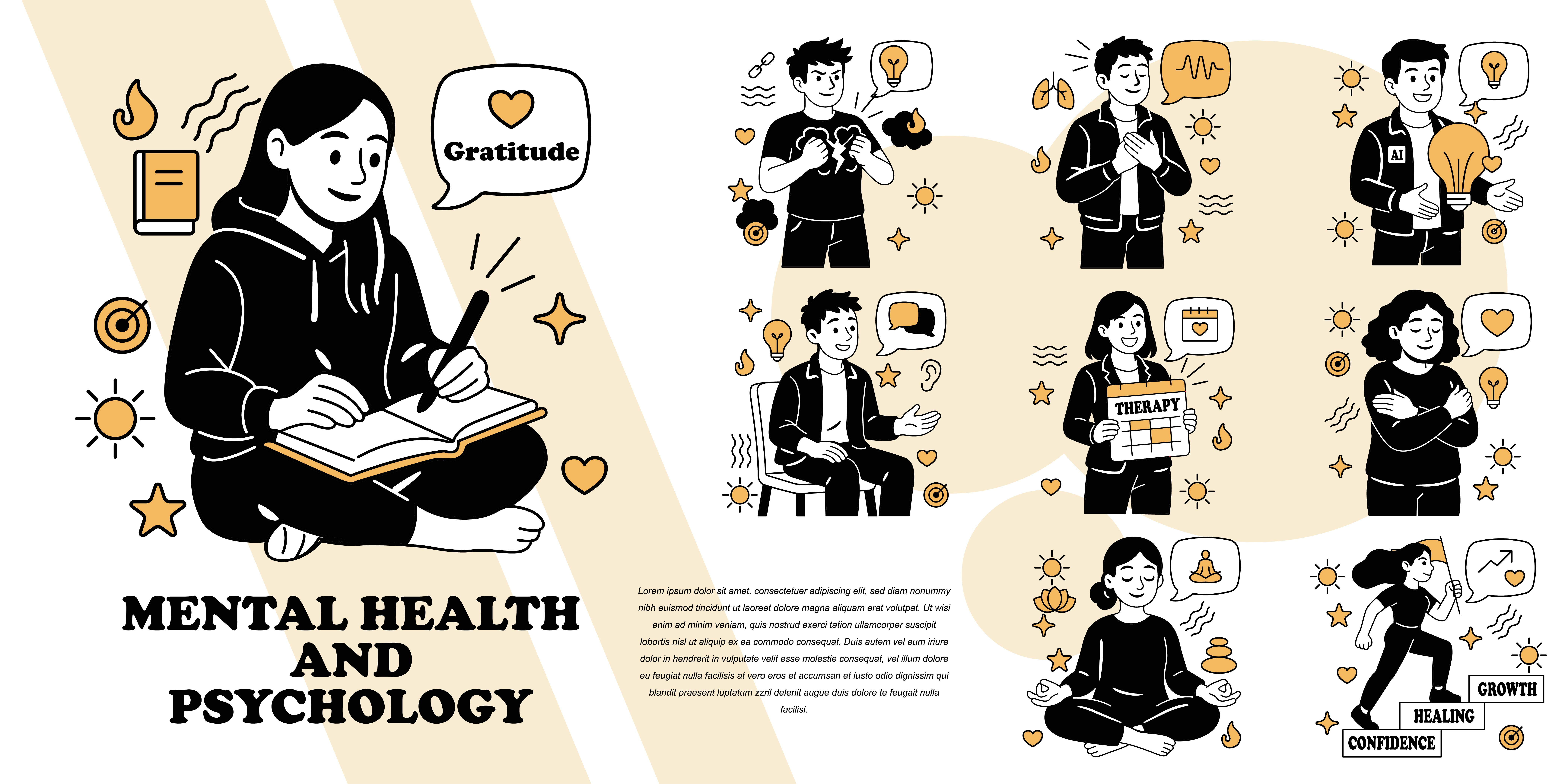 Vector illustration set on mental health and psychology awareness