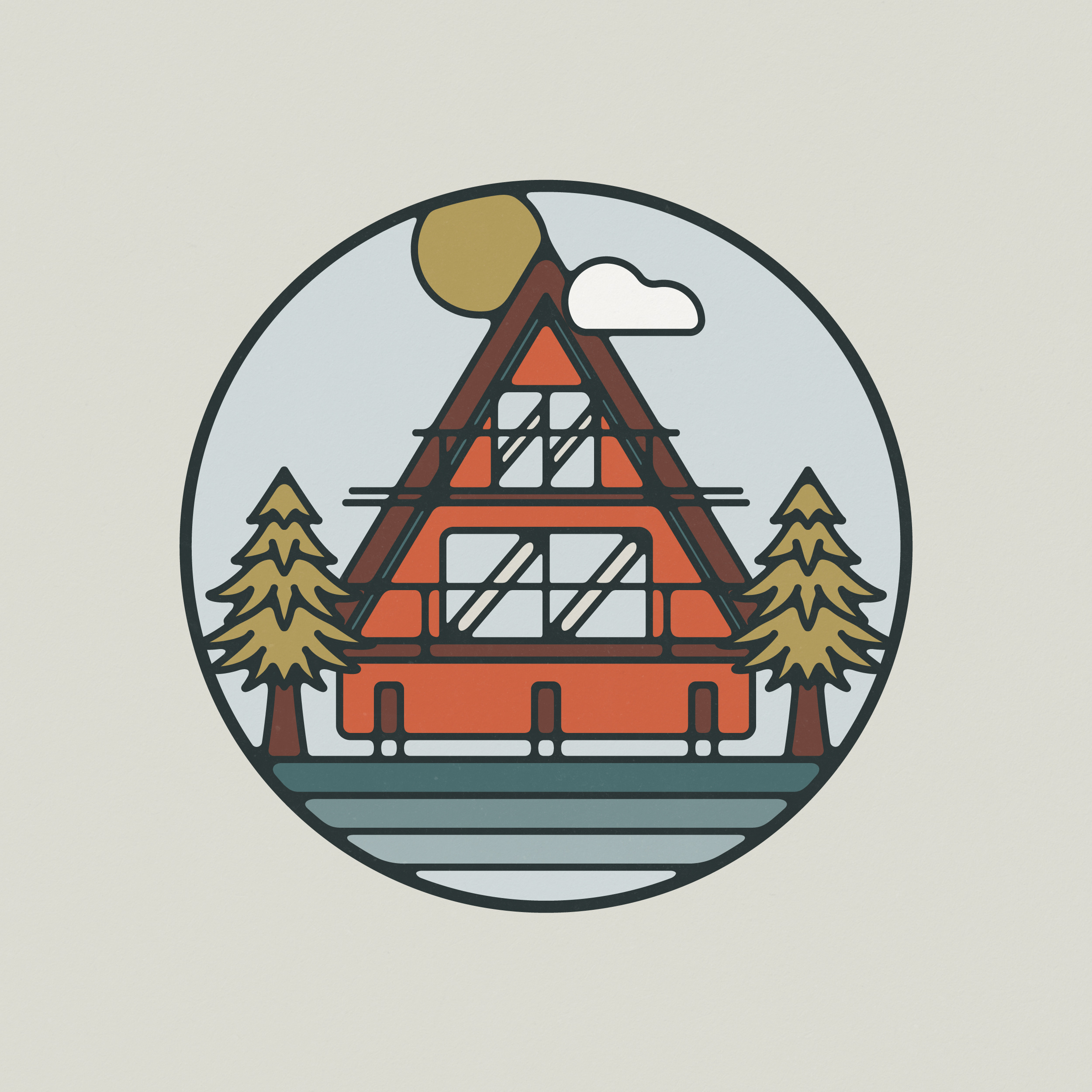 A-Frame Illustration, 2024 adventure badge cabin design house illustration outdoors pine sun tree