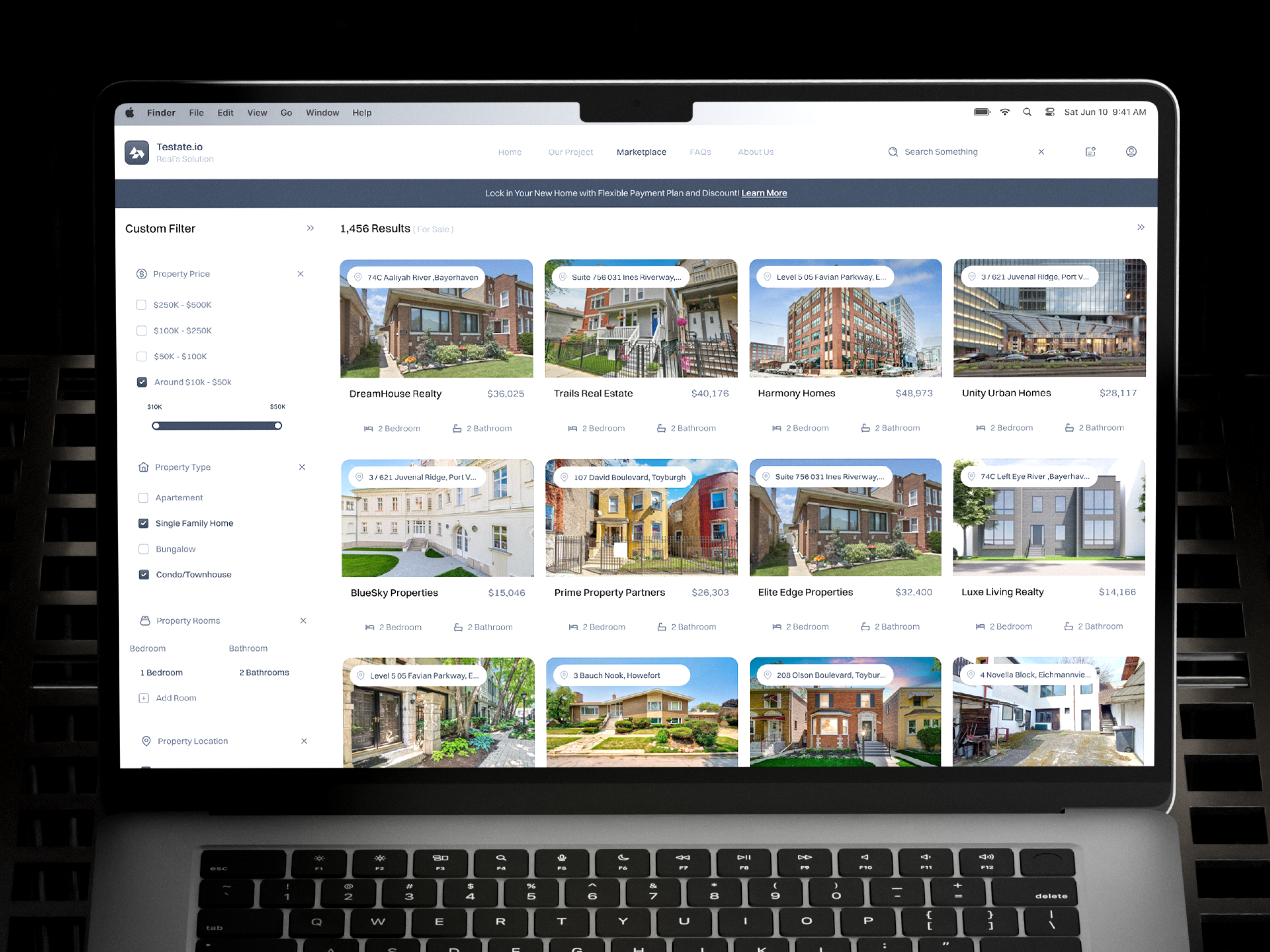 Testate.io – Real Estate Property Dashboard agency apartment booking building business buy dashboard filter home house listing minimalist product product design properties property real estate realestate search ui