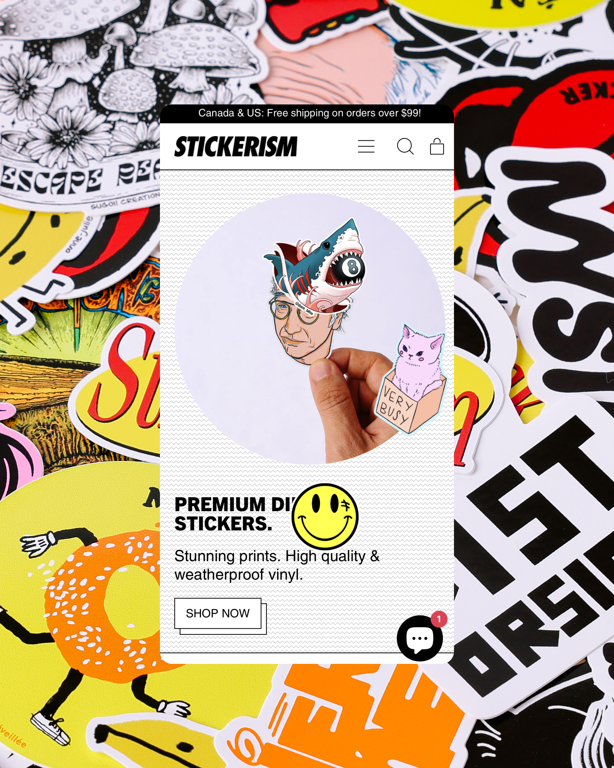 Stickerism black and white bold bright curb your enthusiasm ecommerce fun larry david maximalist patterns playful shark shopify sticker ui ux web design