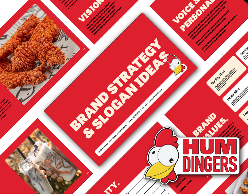 Cluckin' Cool - HUMDINGERS - Brand Strategy & Visual Identity brand strategy branding chicken chicken fingers crazy graphic design logo mascot quirky