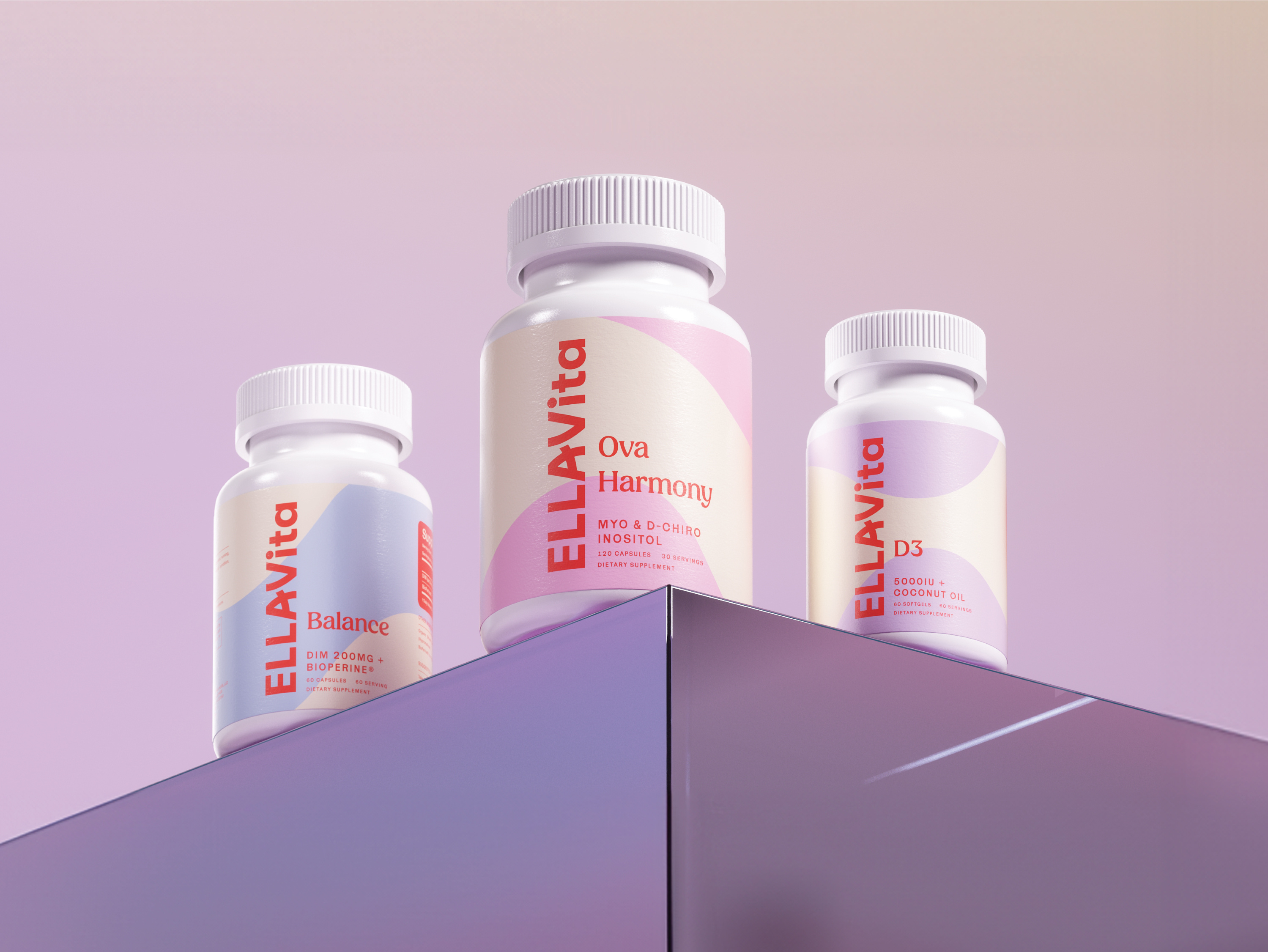 EllaVita Supplement Branding and Packaging Design - Supplement 3d branding feminine inositol label logo medical packaging packaging design supplement ui vitamin