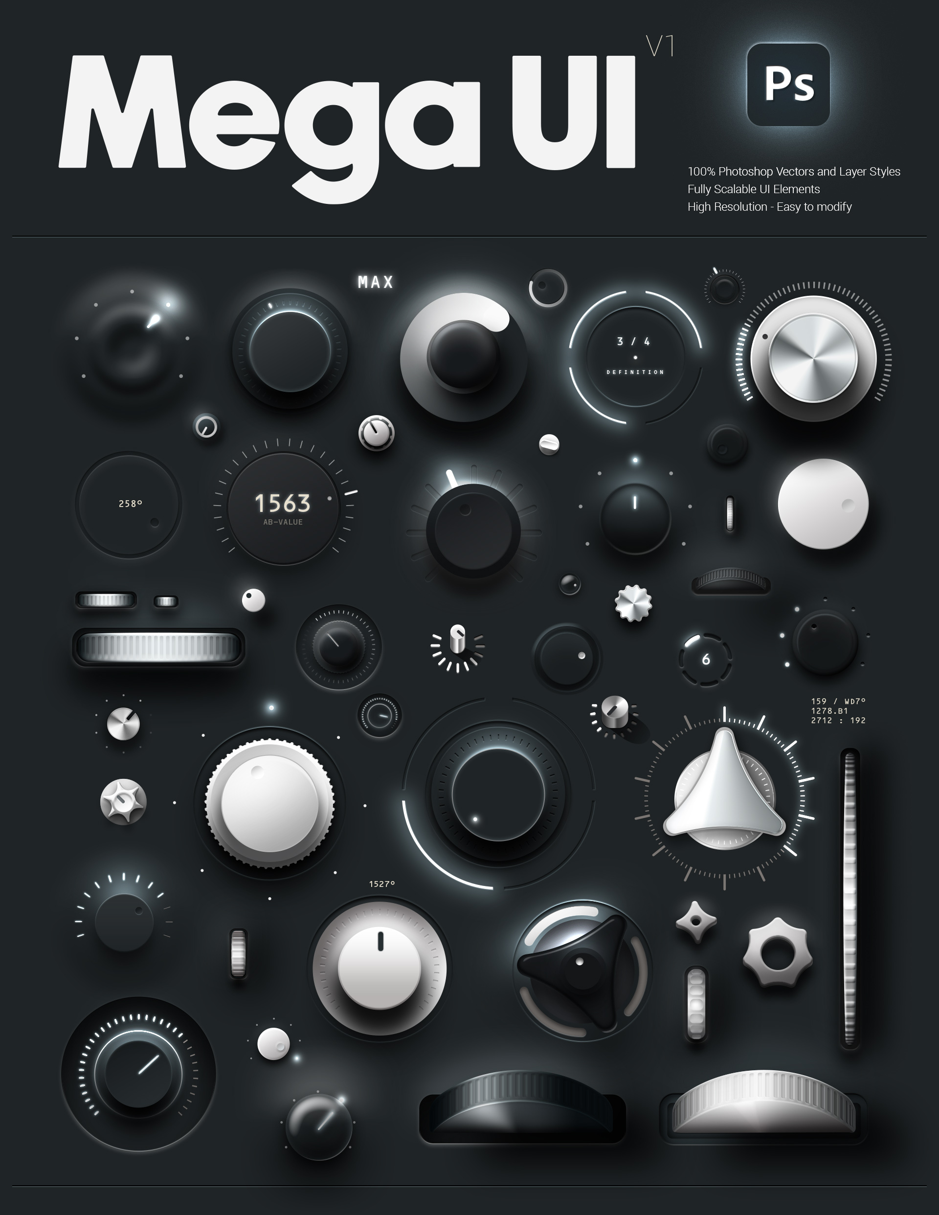 Mega UI v1 - Graphic User Interface app design app interface application interface button design graphic design graphic user interface gui knob minimal photoshop psd style ui ui button ui knob ui slider ui wheel user interface wheel