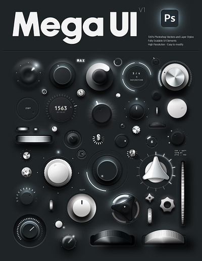 Mega UI v1 - Graphic User Interface app design app interface application interface button design graphic design graphic user interface gui knob minimal photoshop psd style ui ui button ui knob ui slider ui wheel user interface wheel