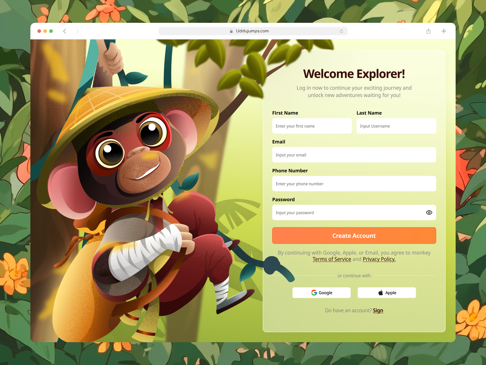 Uddu Jumps - Login Page Illustration adventure character drawing game graphic design hero header home page illustration jungle learning game login page mongkey section vector website