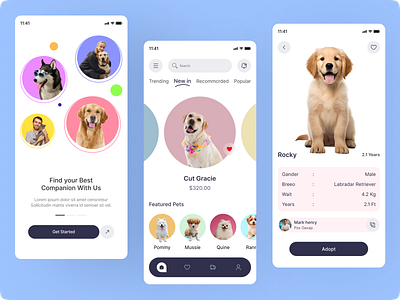 Pet Shop Mobile App Design 🐕 app banner botton navigation cat design dog gradient interface minimal mobile modern design orange pet pet adoption pet care petshop ui ui design welcome page