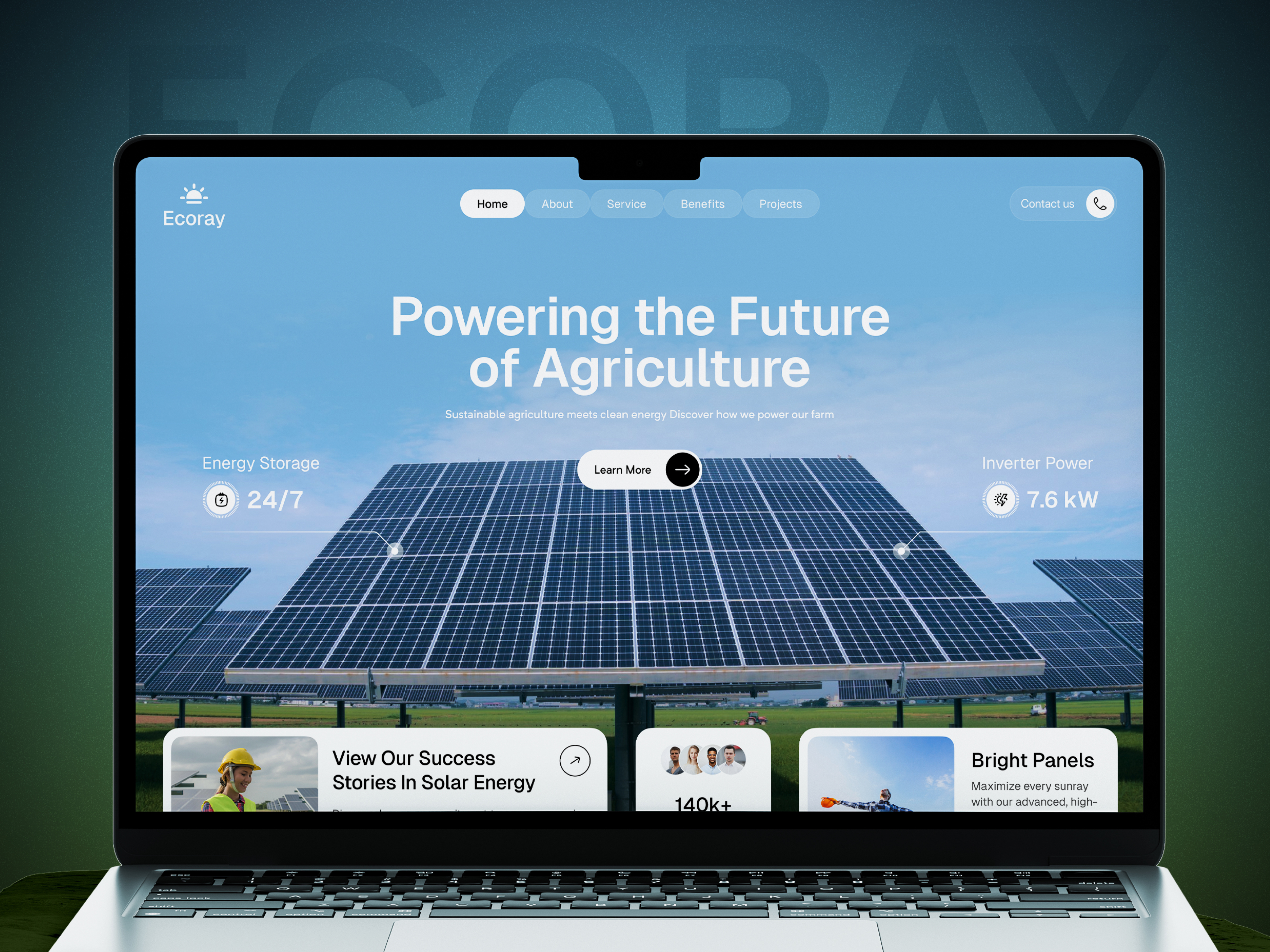 Ecoray – Solar Farming Website alternative energy eco eco friendly farming green energy landing page renewable energy solar energy solar power solar website sustainable ux website wind turbine