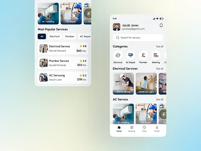 Home Service Mobile App UI/UX appinteraction appui cleanui dailyui homeserviceapp mobileappdesign moderndesign ondemandservice servicebookingapp uidesign uiuxdesign userinterface uxdesign