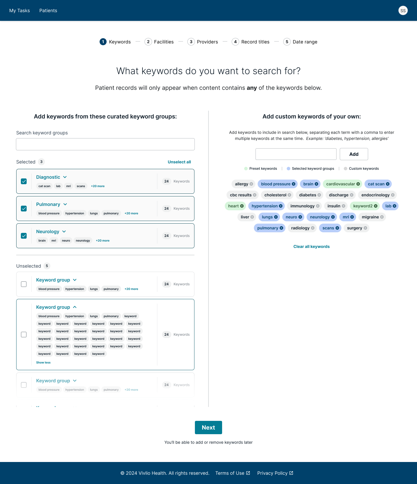 Electronic Health Records Search Wizard product design ui design