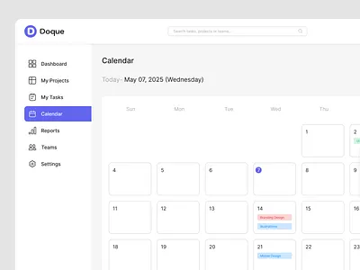 Doque- Minimal Calendar View calendar view figma graphic design minimal layout monthly calendar project planner saas dashboard task deadlines task management task planner task schedule task tracker team collaboration ui ux weekly