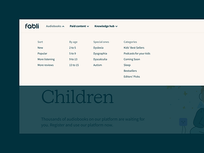 Header Dropdown • Website Fabli baby child design dropdown header link menu more navigation open simple ui ux web