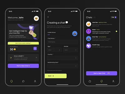 FlirtGPT - AI Relationship Advisor App ai advisor ai assistant ai chat app design behavioral design chat chat page chatbot ui chatgpt compatibility couple app dark mode dating app flirt app gpt mainpage matchmaking mobile app profile creating ui exploration