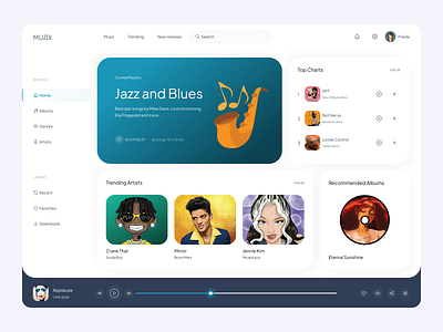 Music Dashboard UI blue dashboard dashboardui jazz minimalistic music music web design songs ui uidesign ux uxdesign webappdesign webdesign