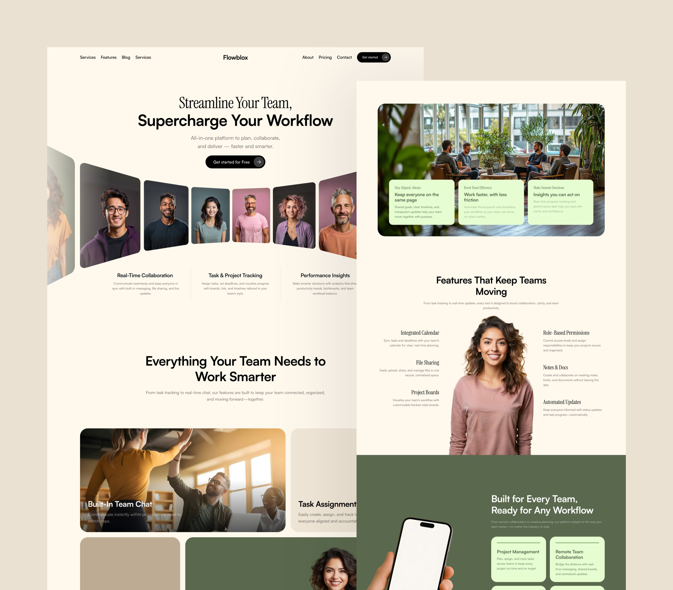 Saas landing page Framer template built with Frameblox UI kit app brown clean cta framer graphic design green header hero home landing natural nature saas site ui ui design webdesign website website design